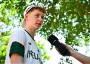 22 July 2025; Rían McCrystal of Team Ireland is interviewed after the boys time trial event during day two of the 2025 European Youth Summer Olympic Festival in Kumanovo, North Macedonia. Photo by Tyler Miller/Sportsfile