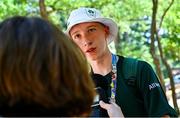 22 July 2025; Tom Lane of Team Ireland is interviewed after the boys time trial event during day two of the 2025 European Youth Summer Olympic Festival in Kumanovo, North Macedonia. Photo by Tyler Miller/Sportsfile