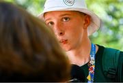 22 July 2025; Tom Lane of Team Ireland is interviewed after the boys time trial event during day two of the 2025 European Youth Summer Olympic Festival in Kumanovo, North Macedonia. Photo by Tyler Miller/Sportsfile