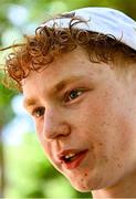 22 July 2025; Rían McCrystal of Team Ireland is interviewed after the boys time trial event during day two of the 2025 European Youth Summer Olympic Festival in Kumanovo, North Macedonia. Photo by Tyler Miller/Sportsfile