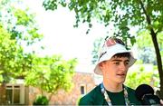 22 July 2025; Caleb McGreevy of Team Ireland is interviewed after the boys time trial event during day two of the 2025 European Youth Summer Olympic Festival in Kumanovo, North Macedonia. Photo by Tyler Miller/Sportsfile