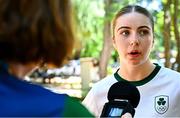 22 July 2025; Aoife Craig of Team Ireland is interviewed after the girls time trial event during day two of the 2025 European Youth Summer Olympic Festival in Kumanovo, North Macedonia. Photo by Tyler Miller/Sportsfile
