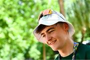 22 July 2025; Caleb McGreevy of Team Ireland is interviewed after the boys time trial event during day two of the 2025 European Youth Summer Olympic Festival in Kumanovo, North Macedonia. Photo by Tyler Miller/Sportsfile