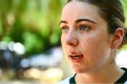 22 July 2025; Aoife Craig of Team Ireland is interviewed after the girls time trial event during day two of the 2025 European Youth Summer Olympic Festival in Kumanovo, North Macedonia. Photo by Tyler Miller/Sportsfile