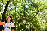 22 July 2025; Katie Turner of Team Ireland is interviewed after the girls time trial event during day two of the 2025 European Youth Summer Olympic Festival in Kumanovo, North Macedonia. Photo by Tyler Miller/Sportsfile