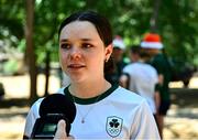22 July 2025; Katie Turner of Team Ireland is interviewed after the girls time trial event during day two of the 2025 European Youth Summer Olympic Festival in Kumanovo, North Macedonia. Photo by Tyler Miller/Sportsfile