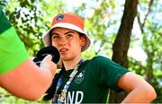 22 July 2025; Emer Heverin of Team Ireland is interviewed after the girls time trial event during day two of the 2025 European Youth Summer Olympic Festival in Kumanovo, North Macedonia. Photo by Tyler Miller/Sportsfile