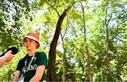 22 July 2025; Emer Heverin of Team Ireland is interviewed after the girls time trial event during day two of the 2025 European Youth Summer Olympic Festival in Kumanovo, North Macedonia. Photo by Tyler Miller/Sportsfile
