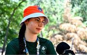 22 July 2025; Emer Heverin of Team Ireland is interviewed after the girls time trial event during day two of the 2025 European Youth Summer Olympic Festival in Kumanovo, North Macedonia. Photo by Tyler Miller/Sportsfile