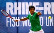 22 July 2025; Ammar Elamin, from Mullingar in Westmeath, representing Technological University Dublin and Ireland, competes in the men's singles quarter-final against James Matthew Connel, representing University of Florida State and Great Britain, during day six of the FISU World University Games 2025 at ETUF Tennisanlage in Essen, Germany. Photo by Shauna Clinton/Sportsfile
