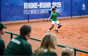 22 July 2025; Ammar Elamin, from Mullingar in Westmeath, representing Technological University Dublin and Ireland, competes in the men's singles quarter-final against James Matthew Connel, representing University of Florida State and Great Britain, during day six of the FISU World University Games 2025 at ETUF Tennisanlage in Essen, Germany. Photo by Shauna Clinton/Sportsfile