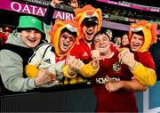 22 July 2025; Tom Clarkson of British & Irish Lions with friends from his home club, Wicklow RFC, Ronan Quinn, Mark Fleming and George Dowling after the tour match between First Nations & Pasifika XV and the British & Irish Lions at Marvel Stadium in Melbourne, Australia. Photo by Brendan Moran/Sportsfile
