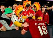22 July 2025; Tom Clarkson of British & Irish Lions with friends from his home club, Wicklow RFC, Ronan Quinn, Mark Fleming and George Dowling after the tour match between First Nations & Pasifika XV and the British & Irish Lions at Marvel Stadium in Melbourne, Australia. Photo by Brendan Moran/Sportsfile