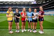 22 July 2025; In attandance, from left, 'B' finalists Aisling Crowe of Clare and Aoibheann Durcan of Sligo, 'A' finalists Allie Tobin of Cork and Charlie Murphy of Dublin, and 'C' finalists Ava Connolly of Waterford and Aoife Keegan of Westmeath during a ZuCar All-Ireland U18 Finals captains day at Croke Park in Dublin. Photo by Ben McShane/Sportsfile