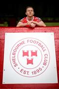 22 July 2025; New signing Jack Henry-Francis poses for a portrait before a Shelbourne press conference at Tolka Park in Dublin. Photo by Stephen McCarthy/Sportsfile