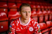 22 July 2025; New signing Jack Henry-Francis poses for a portrait before a Shelbourne press conference at Tolka Park in Dublin. Photo by Stephen McCarthy/Sportsfile