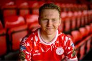 22 July 2025; New signing Jack Henry-Francis poses for a portrait before a Shelbourne press conference at Tolka Park in Dublin. Photo by Stephen McCarthy/Sportsfile