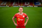 22 July 2025; New signing Jack Henry-Francis poses for a portrait before a Shelbourne press conference at Tolka Park in Dublin. Photo by Stephen McCarthy/Sportsfile