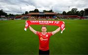 22 July 2025; New signing Jack Henry-Francis poses for a portrait before a Shelbourne press conference at Tolka Park in Dublin. Photo by Stephen McCarthy/Sportsfile