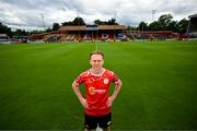 22 July 2025; New signing Jack Henry-Francis poses for a portrait before a Shelbourne press conference at Tolka Park in Dublin. Photo by Stephen McCarthy/Sportsfile
