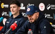 22 July 2025; Head coach Joey O'Brien and Ali Coote during a Shelbourne press conference at Tolka Park in Dublin. Photo by Stephen McCarthy/Sportsfile