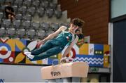 22 July 2025; Finlay Hazleton of Team Ireland competes in the Boys All Around, during day two of the 2025 European Youth Summer Olympic Festival. The gymnastics event at this year’s EYOF is held at the Gradski Vrt competition hall in Osijek, Croatia, with the remainder of the events taking place in Skopje, North Macedonia. Photo by Filippo Tomasi/Sportsfile