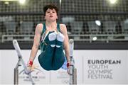 22 July 2025; Robert Ward of Team Ireland competes in the Boys All Around, during day two of the 2025 European Youth Summer Olympic Festival. The gymnastics event at this year’s EYOF is held at the Gradski Vrt competition hall in Osijek, Croatia, with the remainder of the events taking place in Skopje, North Macedonia. Photo by Filippo Tomasi/Sportsfile