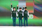 22 July 2025; Robert Ward, left, Finlay Hazleton, centre, and Chester Enríquez of Team Ireland before competing in the Boys All Around, during day two of the 2025 European Youth Summer Olympic Festival. The gymnastics event at this year’s EYOF is held at the Gradski Vrt competition hall in Osijek, Croatia, with the remainder of the events taking place in Skopje, North Macedonia. Photo by Filippo Tomasi/Sportsfile