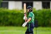 22 July 2025; Ireland batter Gaby Lewis celebrates bringing up her half century during match two of the Women's T20 International Series between Ireland and Zimbabwe at Pembroke Cricket Club in Dublin. Photo by Sam Barnes/Sportsfile