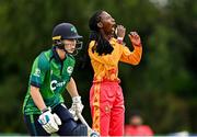 22 July 2025; Zimbabwe bowler Melis Tanyaradzwa Ndhlovu reacts during match two of the Women's T20 International Series between Ireland and Zimbabwe at Pembroke Cricket Club in Dublin. Photo by Sam Barnes/Sportsfile