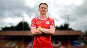 22 July 2025; New signing Jack Henry-Francis poses for a portrait before a Shelbourne press conference at Tolka Park in Dublin. Photo by Stephen McCarthy/Sportsfile