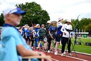22 July 2025; Rowanna Hanlon, from Dún Laoghaire in Dublin, representing Maynooth University and Ireland, centre, competes in the women’s recurve qualification during day six of the FISU World University Games 2025 at Sportpark Am Hallo Stadion in Essen, Germany. Photo by Shauna Clinton/Sportsfile