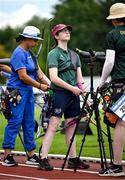 22 July 2025; Rowanna Hanlon, from Dún Laoghaire in Dublin, representing Maynooth University and Ireland, centre, competes in the women’s recurve qualification during day six of the FISU World University Games 2025 at Sportpark Am Hallo Stadion in Essen, Germany. Photo by Shauna Clinton/Sportsfile