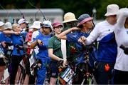 22 July 2025; Rowanna Hanlon, from Dún Laoghaire in Dublin, representing Maynooth University and Ireland, centre, competes in the women’s recurve qualification during day six of the FISU World University Games 2025 at Sportpark Am Hallo Stadion in Essen, Germany. Photo by Shauna Clinton/Sportsfile