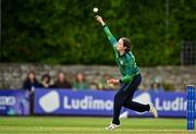 22 July 2025; Ireland bowler Lara McBride during match two of the Women's T20 International Series between Ireland and Zimbabwe at Pembroke Cricket Club in Dublin. Photo by Sam Barnes/Sportsfile