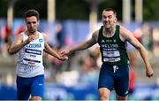 22 July 2025; Jack Raftery, from Castleknock in Dublin, representing Dublin City University and Ireland, right, crosses the line to finish second in the semi-final of the men's 400m during day six of the FISU World University Games 2025 at Lohrheidestadion in Bochum, Germany. Photo by Shauna Clinton/Sportsfile