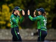 22 July 2025; Leah Paul of Ireland, right, celebrates with teammate Gaby Lewis after catching out Kelis Ndhlovu of Zimbabwe during match two of the Women's T20 International Series between Ireland and Zimbabwe at Pembroke Cricket Club in Dublin. Photo by Sam Barnes/Sportsfile