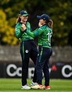 22 July 2025; Leah Paul of Ireland, right, celebrates with teammate Gaby Lewis after catching out Kelis Ndhlovu of Zimbabwe during match two of the Women's T20 International Series between Ireland and Zimbabwe at Pembroke Cricket Club in Dublin. Photo by Sam Barnes/Sportsfile