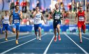 22 July 2025; Jack Raftery, from Castleknock in Dublin, representing Dublin City University and Ireland, second from right, on his way to finishing second in the semi-final of the men's 400m during day six of the FISU World University Games 2025 at Lohrheidestadion in Bochum, Germany. Photo by Shauna Clinton/Sportsfile