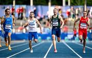 22 July 2025; Jack Raftery, from Castleknock in Dublin, representing Dublin City University and Ireland, second from right, on his way to finishing second in the semi-final of the men's 400m during day six of the FISU World University Games 2025 at Lohrheidestadion in Bochum, Germany. Photo by Shauna Clinton/Sportsfile