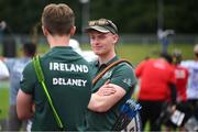 22 July 2025; Rogan Cunningham, from Killinkere in Cavan, representing Technological University Dublin and Ireland, left, speaks to team-mate Sam Delaney during the men's compound individual qualification on day six of the FISU World University Games 2025 at Sportpark Am Hallo Stadion in Essen, Germany. Photo by Shauna Clinton/Sportsfile