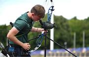 22 July 2025; Sam Delaney, from Tallaght in Dublin, representing Technological University Dublin and Ireland, competes in the men's compound individual qualification during day six of the FISU World University Games 2025 at Sportpark Am Hallo Stadion in Essen, Germany. Photo by Shauna Clinton/Sportsfile