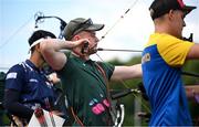 22 July 2025; Rogan Cunningham, from Killinkere in Cavan, representing Technological University Dublin and Ireland, competes in the men's compound individual qualification during day six of the FISU World University Games 2025 at Sportpark Am Hallo Stadion in Essen, Germany. Photo by Shauna Clinton/Sportsfile