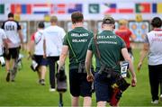 22 July 2025; Sam Delaney, from Tallaght in Dublin, representing Technological University Dublin and Ireland, left, and Rogan Cunningham, from Killinkere in Cavan, representing Technological University Dublin and Ireland, collect their arrows during the men's compound individual qualification on day six of the FISU World University Games 2025 at Sportpark Am Hallo Stadion in Essen, Germany. Photo by Shauna Clinton/Sportsfile