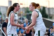 22 July 2025; Helena Keane of Team Ireland, celebrates with team-mate Faye McDonnell after their side's victory in the girls 3x3 Group C match between Team Ireland and Romania during day two of the 2025 European Youth Summer Olympic Festival at East Gate Mall in Skopje, North Macedonia. Photo by Tyler Miller/Sportsfile