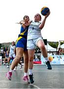 22 July 2025; Faye McDonnell of Team Ireland in action against Ana Manuela Manea of Romania during the girls 3x3 Group C match between Team Ireland and Romania during day two of the 2025 European Youth Summer Olympic Festival at East Gate Mall in Skopje, North Macedonia. Photo by Tyler Miller/Sportsfile