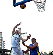 22 July 2025; Helena Keane of Team Ireland in action against Ana Manuela Manea of Romania during the girls 3x3 Group C match between Team Ireland and Romania during day two of the 2025 European Youth Summer Olympic Festival at East Gate Mall in Skopje, North Macedonia. Photo by Tyler Miller/Sportsfile