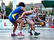 22 July 2025; Faye McDonnell of Team Ireland in action against Ana Manuela Manea of Romania during the girls 3x3 Group C match between Team Ireland and Romania during day two of the 2025 European Youth Summer Olympic Festival at East Gate Mall in Skopje, North Macedonia. Photo by Tyler Miller/Sportsfile