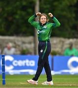 22 July 2025; Cara Murray of Ireland reacts during match two of the Women's T20 International Series between Ireland and Zimbabwe at Pembroke Cricket Club in Dublin. Photo by Sam Barnes/Sportsfile