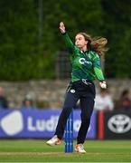 22 July 2025; Ireland bowler Leah Paul during match two of the Women's T20 International Series between Ireland and Zimbabwe at Pembroke Cricket Club in Dublin. Photo by Sam Barnes/Sportsfile